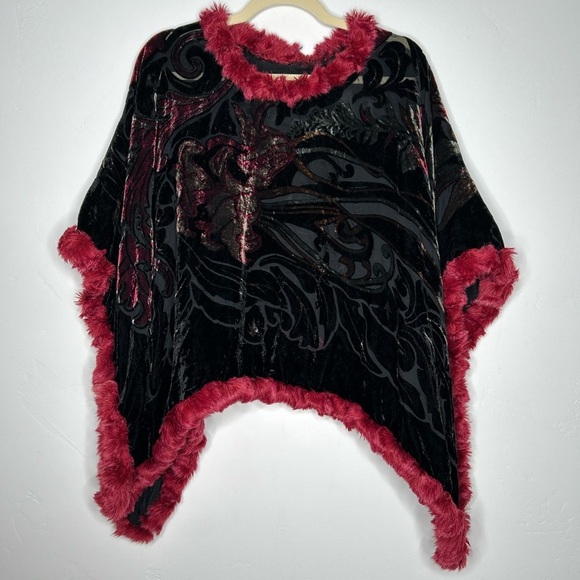 Vintage Sweaters - Vintage Black Burgundy Silk Blend Burnout Velvet Poncho Faux Fur Trim OS Flawed